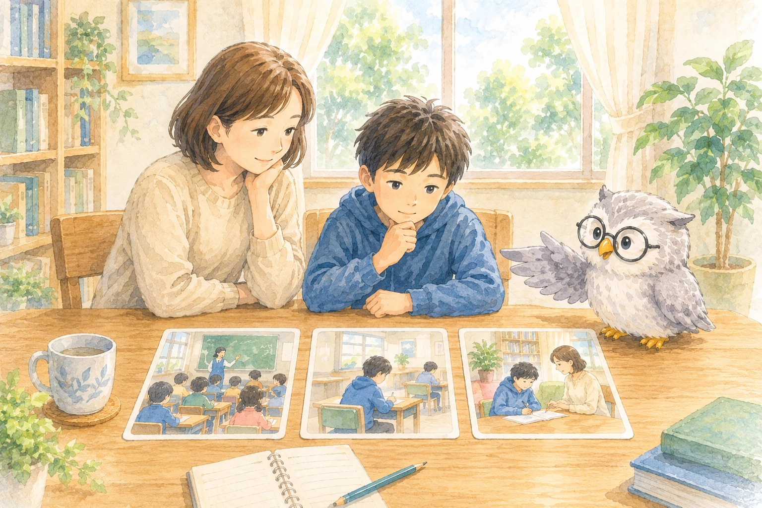複数の学習環境を保護者と比較する子どもとぎんいろのふくろう先生